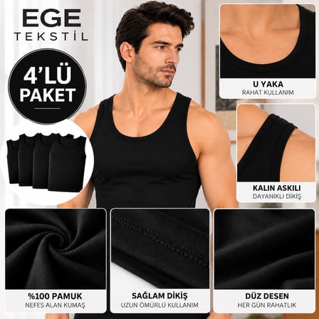 Erkek Premium Pamuklu Siyah Atlet 4’lü Paket Rahat Kalıp
