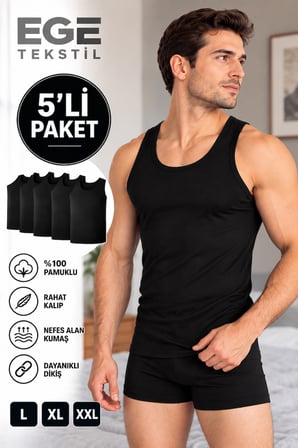 Erkek Premium Pamuklu Siyah Atlet 5’li Paket Rahat Kalıp