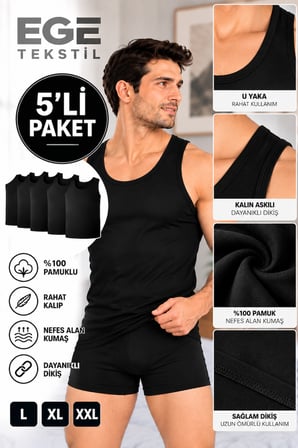 Erkek Premium Pamuklu Siyah Atlet 5’li Paket Rahat Kalıp