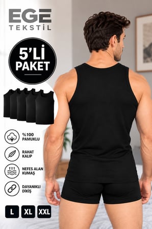 Erkek Premium Pamuklu Siyah Atlet 5’li Paket Rahat Kalıp
