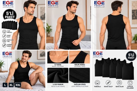 Erkek Premium Pamuklu Siyah Atlet 5’li Paket Rahat Kalıp