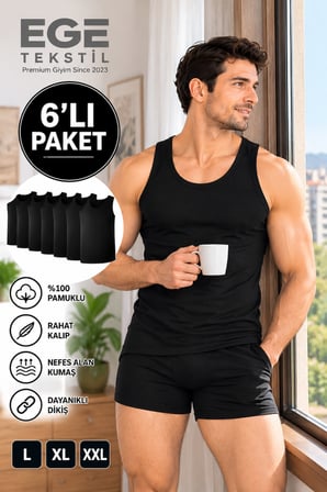 Erkek Premium Pamuklu Siyah Atlet 6’lı Paket Rahat Kalıp