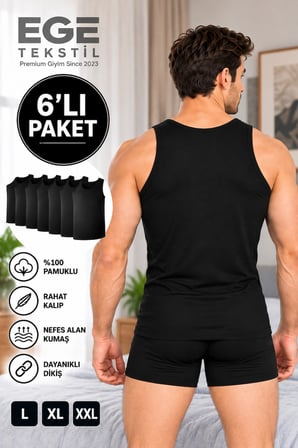 Erkek Premium Pamuklu Siyah Atlet 6’lı Paket Rahat Kalıp