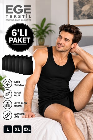 Erkek Premium Pamuklu Siyah Atlet 6’lı Paket Rahat Kalıp