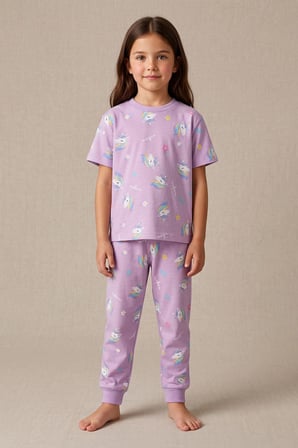 Unicorn Desenli Kısa Kollu %100 Pamuk Kız Çocuğu Pijama Takımı