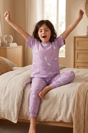 Unicorn Desenli Kısa Kollu %100 Pamuk Kız Çocuğu Pijama Takımı