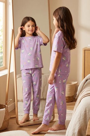 Unicorn Desenli Kısa Kollu %100 Pamuk Kız Çocuğu Pijama Takımı