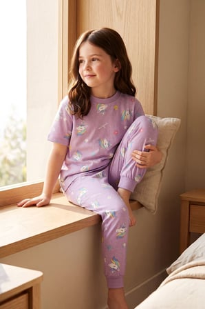 Unicorn Desenli Kısa Kollu %100 Pamuk Kız Çocuğu Pijama Takımı