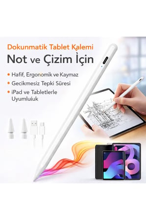 Universal Dokunmatik Çizim Kalemi – iPad iOS Android Windows Uyumlu Şarjlı Stylus Kalem + 2 Yedek Uç