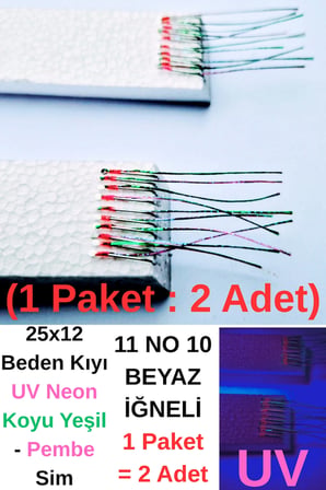 ea genset Çapari, İstavrit Çaparisi, 25x12 Beden, Ultraviyole Uv Neon Koyu Yeşil - Pembe Sim, 11 No Beyaz İğne, 10 İğneli 2li Paket