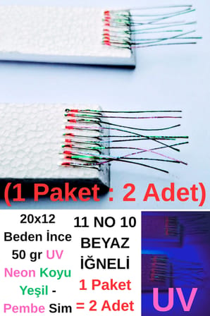ea genset Çapari, İstavrit Çaparisi, 20x12 Beden, Ultraviyole Uv Neon Koyu Yeşil - Pembe Sim, 11 No Beyaz İğne, 10 İğneli 2li Paket