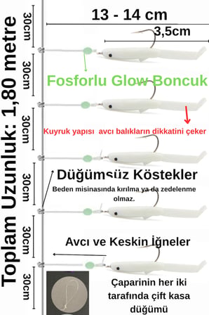 ea genset Silikon Balıklı Çapari 3.5 Cm (2 Adet) Silikon At Çek Takımı Beyaz Fosforlu Glow Boncuklu