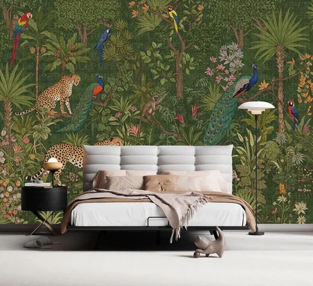 Tavus kuşu ve leoparlar ormanda illüstrasyon poster duvar kağıdı