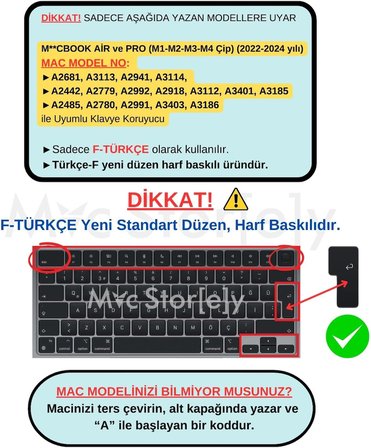 MacBook Klavye Koruyucu Türkçe F Yeni Düzen Uyumlu Air 13.6–15.3 M2 M3 M4 ve Pro 14.2–16.2 M1–M5 Silikon Klavye Kılıfı İnce Yıkanabilir Kaplama Siyah