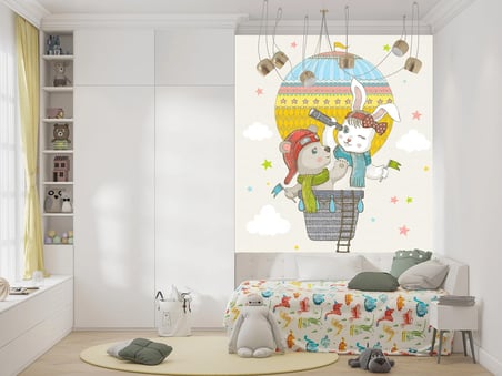 Balonda ayı ve tavşan çocuk odası poster duvar kağıdı