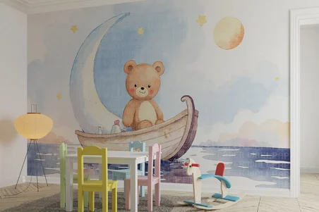 Ay ışığında sandalda ayı çocuk odası poster duvar kağıdı