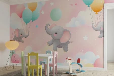 Balonlarla uçan filler çocuk odası poster duvar kağıdı