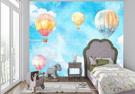 Suluboya gökyüzünde balonlar çocuk odası poster duvar kağıdı