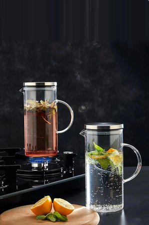 EZMK Ev Gereçleri Borosilikat Cam Sürahi Karaf Şeffaf 1500 ml Metal Kapaklı Süzgeçli