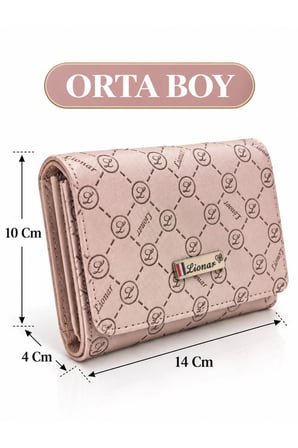 Kapaklı Portföy Cüzdan Orta Boy Suni Deri - Pudra