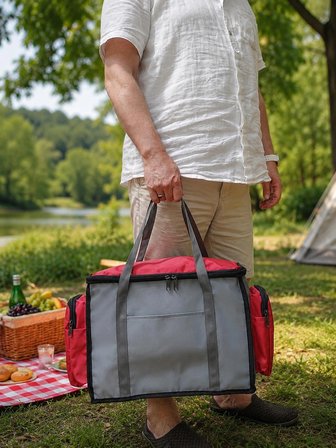NEWBAG YANDAN CEPLİ YALITIMLI SOĞUTUCU  EL ASKILI TAŞINABİLİR KAMP PİKNİK ÇANTASI-ORTA BOY-GRİ2 KIRMIZI
