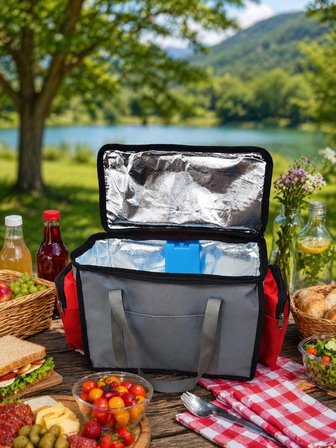 NEWBAG YANDAN CEPLİ YALITIMLI SOĞUTUCU  EL ASKILI TAŞINABİLİR KAMP PİKNİK ÇANTASI-ORTA BOY-GRİ2 KIRMIZI