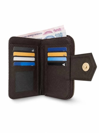 Newish Polo Kadın Şeritli Deri Desenli Telefon Kağıt Para Bölmeli Kartlık Ve Cüzdan Orta Boy - Kahverengi