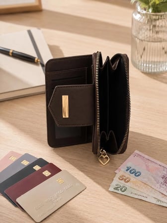 Newish Polo Kadın Şeritli Deri Desenli Telefon Kağıt Para Bölmeli Kartlık Ve Cüzdan Orta Boy - Kahverengi