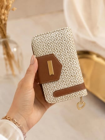 Newish Polo Kadın Şeritli Deri Desenli Telefon Kağıt Para Bölmeli Kartlık ve Cüzdan Orta Boy - Taba
