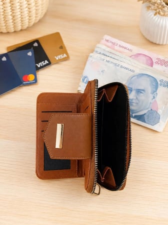 Newish Polo Kadın Şeritli Deri Desenli Telefon Kağıt Para Bölmeli Kartlık ve Cüzdan Orta Boy - Taba