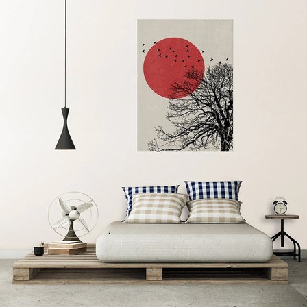 Ağaç kuşlar kırmızı güneş poster