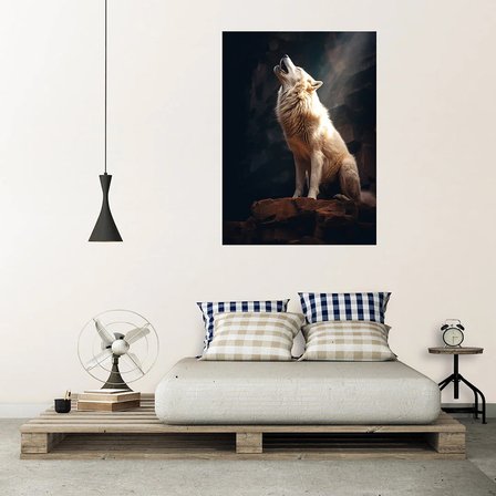 Kayanın üzerinde uluyan kurt poster