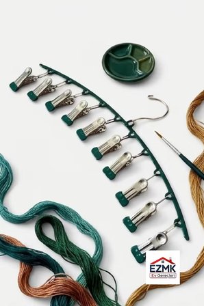 Çoklu Şal Askısı, Metal Mandallı Şal Askısı, 10 Mandallı Çorap Askısı, Çamaşır Askısı, Haki Yeşil, 1 Adet
