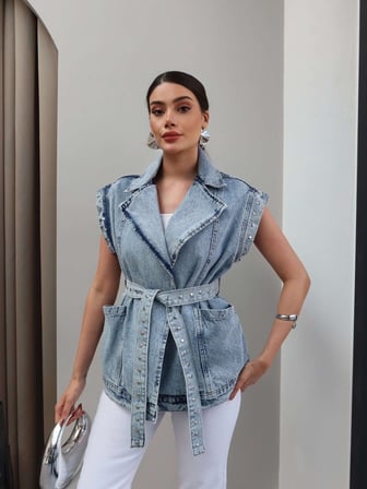 Zımba Detaylı Kuşaklı Denim Yelek