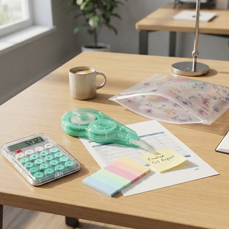 Ofis ve Okul İhtiyaç Seti: Hesap Makinesi, Şerit Silici ve Renkli Not Kağıtları