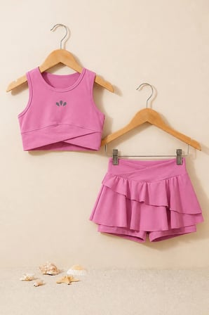 Kız Çocuk Sportif Pudra Renk Crop - Şort Etek Alt Üst - Takım