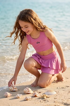 Kız Çocuk Sportif Pudra Renk Crop - Şort Etek Alt Üst - Takım