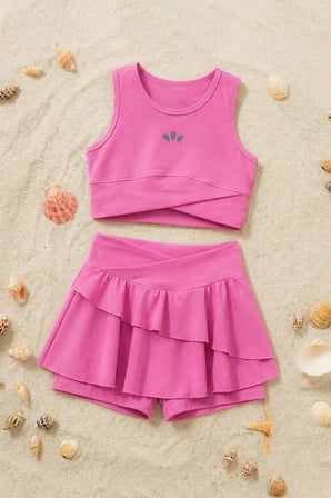 Kız Çocuk Sportif Pudra Renk Crop - Şort Etek Alt Üst - Takım