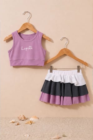 Sportif Renkli Şort Etekli Lila Crop Alt Üst Takım 