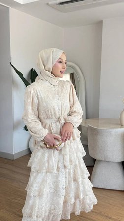 Fırfırlı Katlı Elbise BEJ