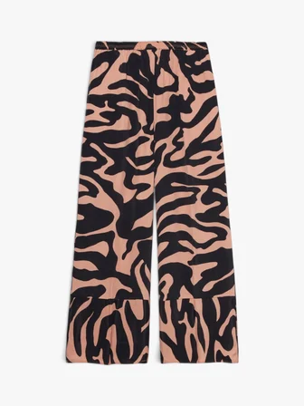%100 Viskoz Beli Lastikli Paça Detaylı Desenli Kloş Pantolon Kadın Mavi Pantolon - 324P4VJDLF05C