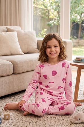 Deniz Temalı Pembe Renk %100 Pamuk Kız Çocuk Pijama Takımı 