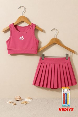 Kız Çocuk Sportif Gül Kurusu Pileli Crop - Şort Etek Alt - Üst Takım