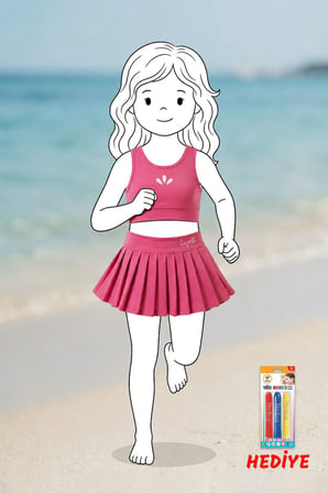 Kız Çocuk Sportif Gül Kurusu Pileli Crop - Şort Etek Alt - Üst Takım
