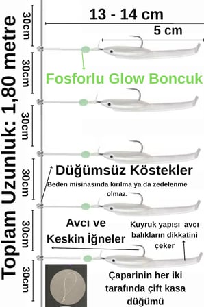 ea genset Beyaz Silikon Balıklı Çapari 5 Cm (2 Adet) Silikon At Çek Takımı Fosforlu Glow Boncuklu