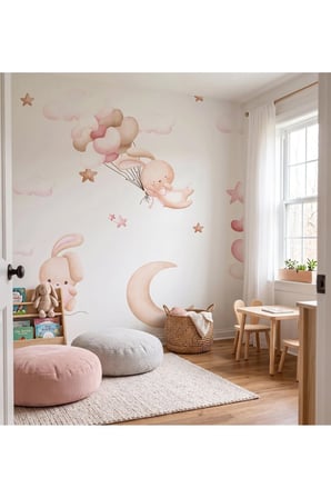 Pembe Bulutlar Bunny Çocuk Odası Poster Duvar Kağıdı