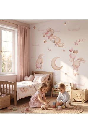 Pembe Bulutlar Bunny Çocuk Odası Poster Duvar Kağıdı