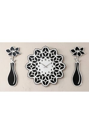 Modern Ahşap Duvar Saati Ve Çiçekli Vazo Kombin Seti - Pil Ve Çiçek Hediyeli 40 cm 40 cm