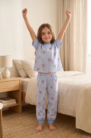Kız Çocuk Pötikare Desenli Mavi Beyaz Renk Fiyonklu Kısa Kol %100 Pamuk Pijama Takımı