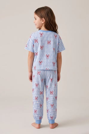 Kız Çocuk Pötikare Desenli Mavi Beyaz Renk Fiyonklu Kısa Kol %100 Pamuk Pijama Takımı